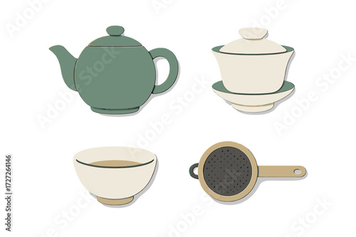 Decorative tea set featuring a teapot, tea cup, and strainer in modern minimalist style