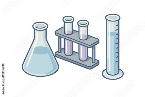 Various laboratory glassware including flasks and test tubes on a clean surface in a science setting