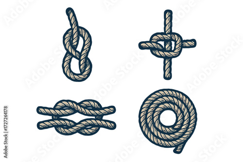 Different types of knots displayed, showcasing various knot techniques for practical applications and crafts