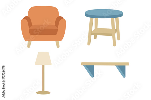 Cozy living room furniture including an orange armchair, blue table, lamp, and shelf designed for a bright space
