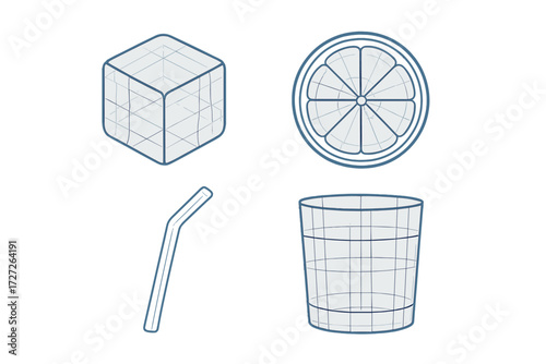 Refreshing drink elements with ice cube, lemon slice, straw, and glass in simple outline design