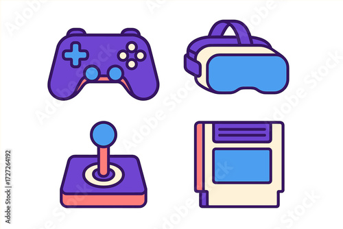 Colorful gaming accessories including a controller, VR headset, joystick, and cartridge displayed on a white background