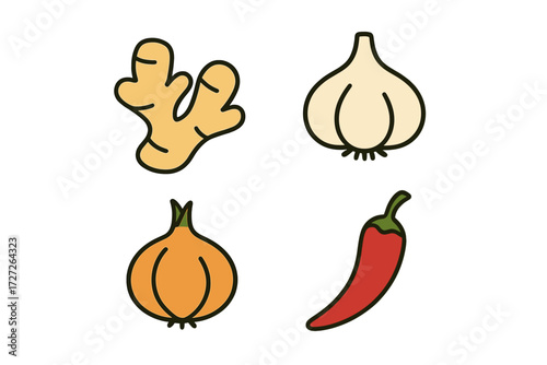 Fresh spices and vegetables displayed on a simple background for cooking inspiration in a kitchen setting