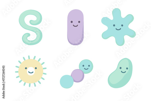 Colorful cartoon characters in various shapes and smiling faces create a joyful scene for children