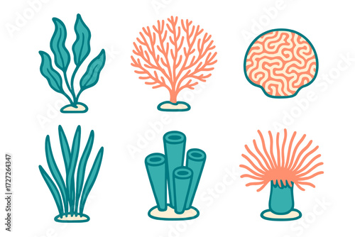 Underwater plant illustrations featuring various sea flora in a colorful design