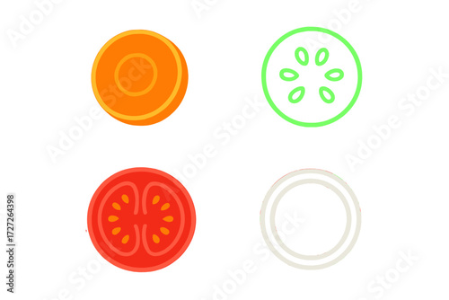 Colorful slices of fruits and vegetables on a white background showcasing their freshness and vibrant colors in a playful design