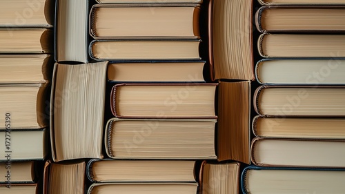Stack of light brown and white hardcover books in flat lay style, front view minimal book display
