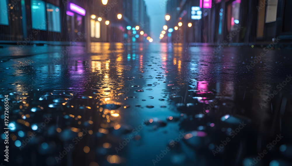 Fototapeta premium Rainy neon-lit street with glowing reflections and bokeh lights