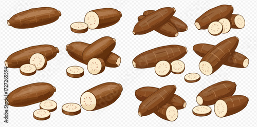 A collection of illustrated cassava roots, some whole and some cut into slices, showcasing the starchy vegetable.