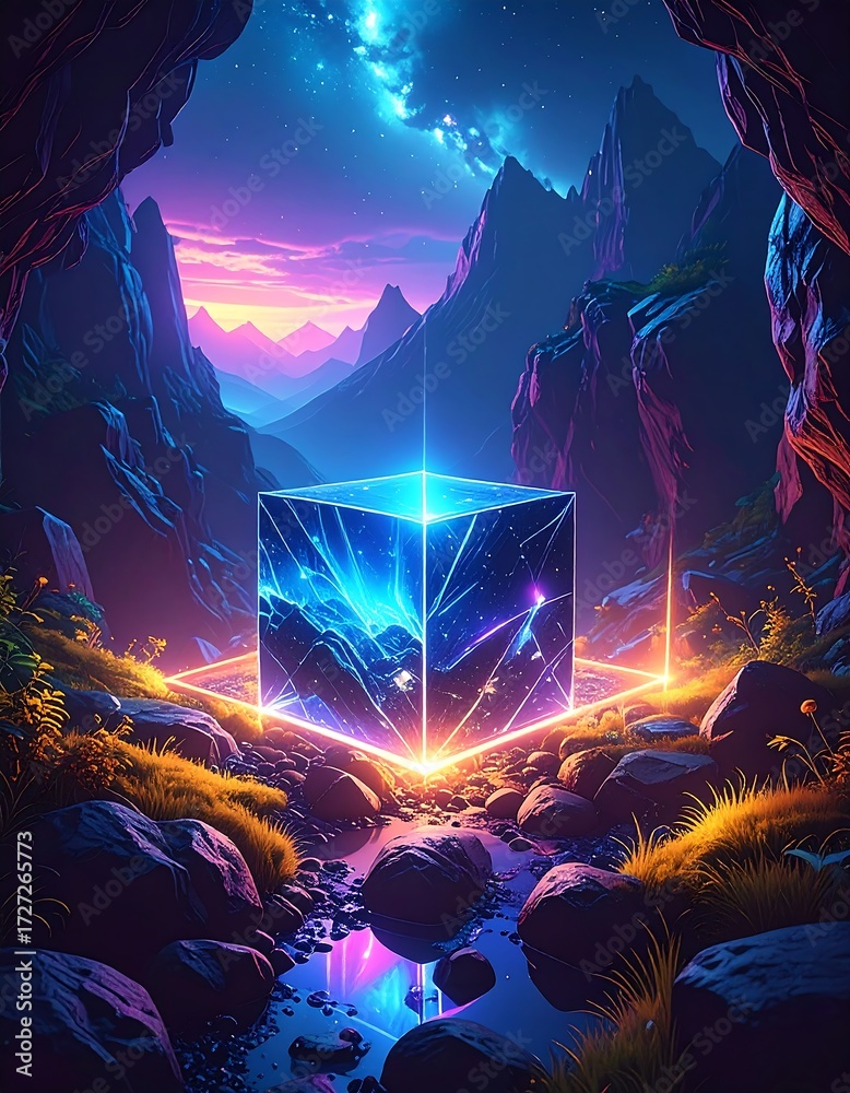 Fototapeta premium Mystical mountain valley with glowing cube