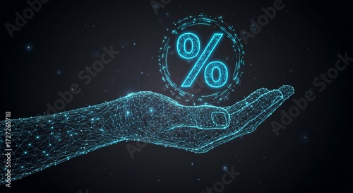 Holographic percentage sign above open hand — finance discount and interest rate concept — blue technology background — vector
