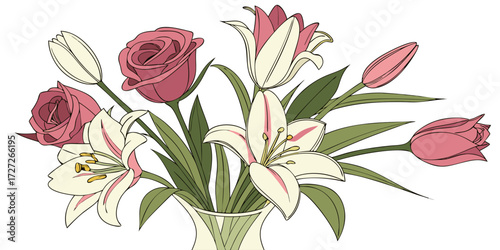 Roses and lilies in a vase