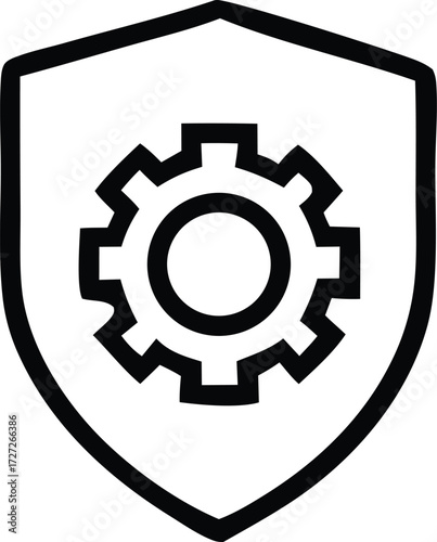 Icon of a shield with a gear inside representing security protection and technical operations or engineering solutions for digital safety