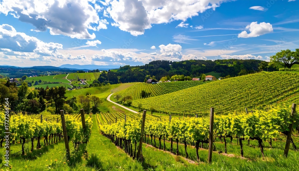 Fototapeta premium Lush vineyard landscape under a vibrant sky (1)