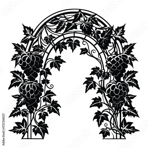 Grapevine Archway Silhouette Art Floral Design, Black and White Illustration on White Background