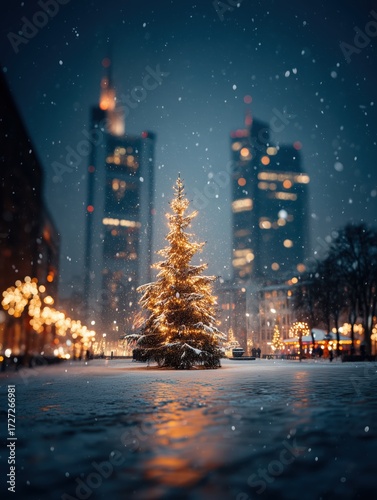 Snowy Christmas Tree with Glistening City Lights at Night