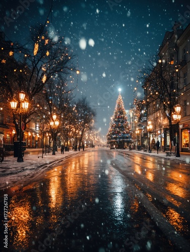 Festive Winter City Street with Christmas Tree and Falling Snow