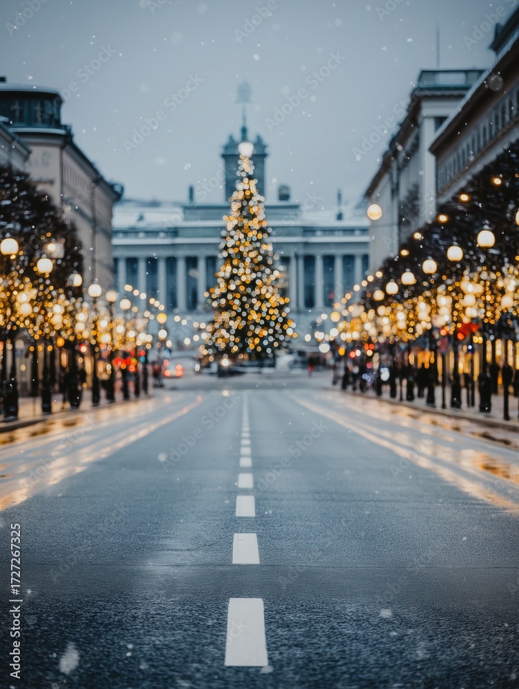 Obraz premium Christmas Tree Lights on City Street During Snowy Winter Night