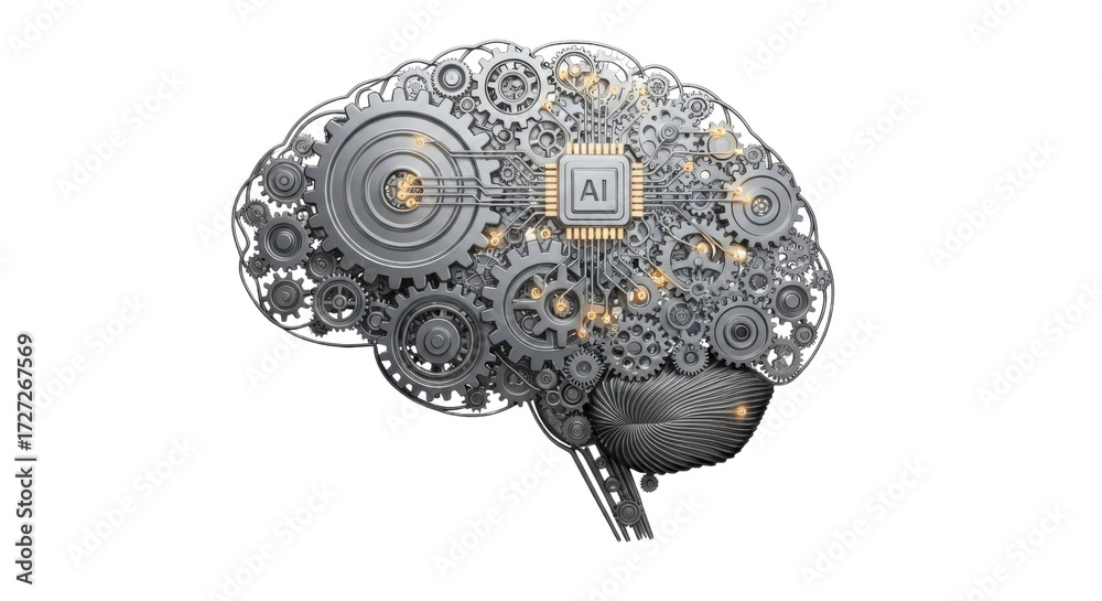Fototapeta premium AI Chip in Cogwheel Brain isolated PNG with Transparent Background