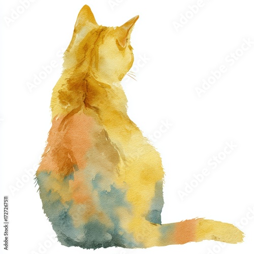 Watercolor Illustration of a Cat Looking Away in Soft Colors