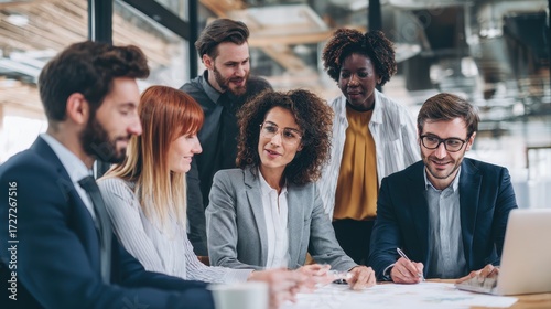 Diverse Professional Team Collaborating on Strategy in Modern Office. Successful multiracial business colleagues sharing ideas and leading project development during a corporate meeting.