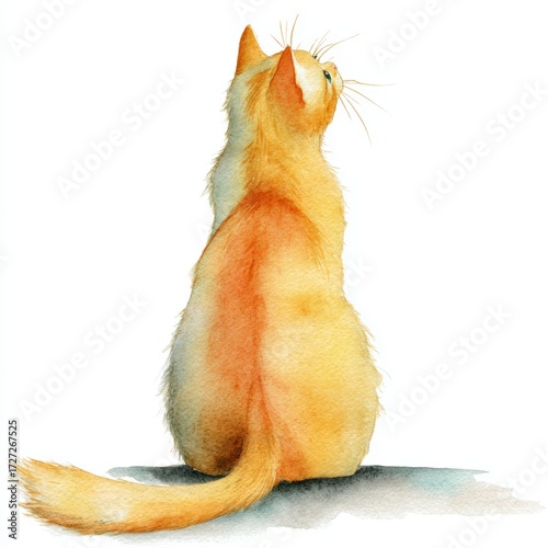Watercolor Painting of an Orange Cat Sitting and Looking Backward