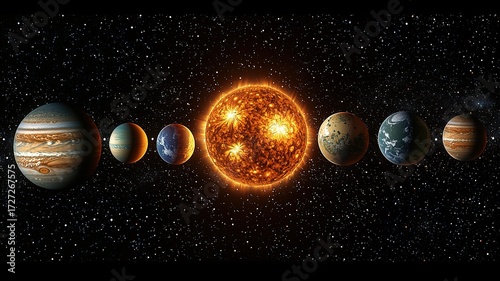 High-definition solar system illustration with all planets and sun in correct order on black background
