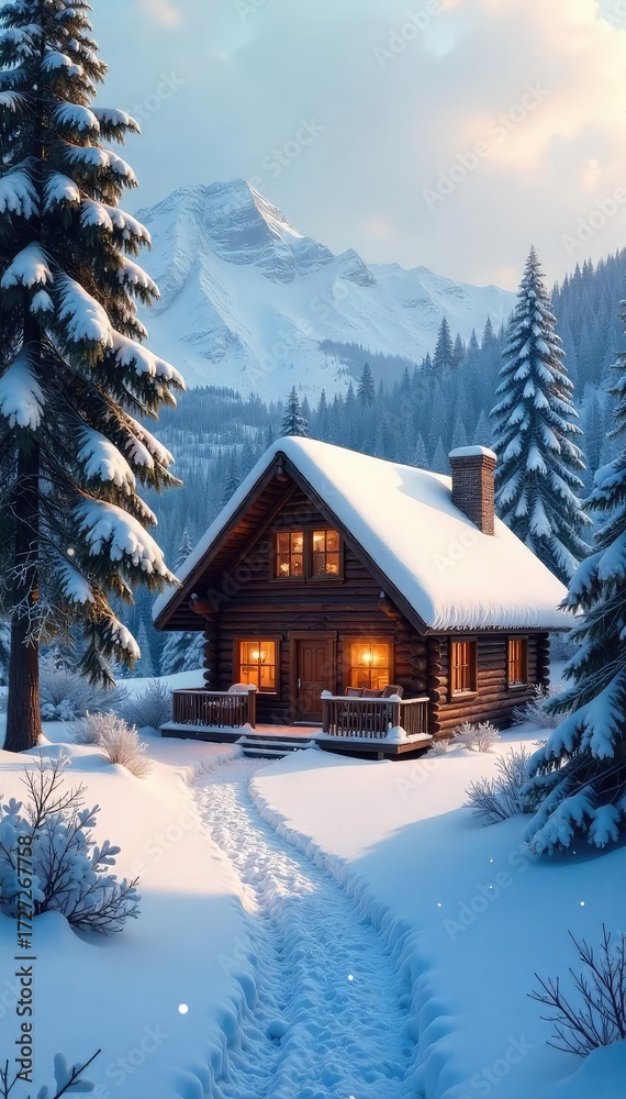 Fototapeta premium A cozy cabin nestled in a snowy winter landscape, perfect for a peaceful holiday getaway The scene evokes a sense of tranquility and escape from the everyday hustle , frost, blue