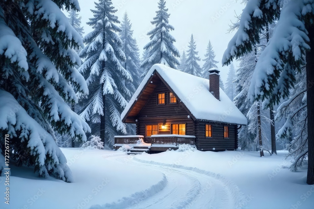 Naklejka premium Secluded Snowy Cabin A Cozy Winter Escape - Hidden from View, Smoke Curling from Chimney, Mystery and Comfort