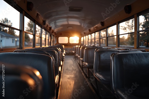 Wallpaper Mural Rows of empty seats on a school bus, bathed in the warm glow of the setting sun shining through the open door. Torontodigital.ca