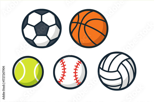 Variety of vibrant sports balls including soccer, basketball, tennis, baseball, and volleyball on a simple background