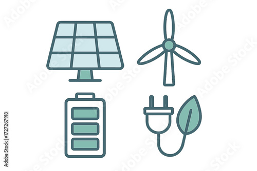 Renewable energy symbols highlighting solar, wind, battery storage, and green power connections for sustainable future