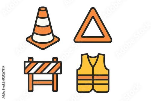 Safety equipment and construction signs in a simple design for awareness and guidance on roadwork zones