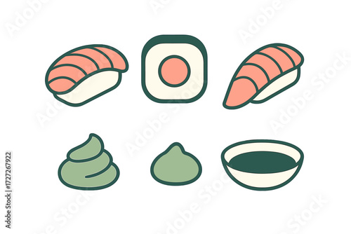 Various types of sushi and condiments presented in a simple design for food lovers