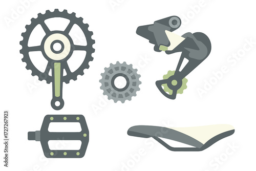 Bicycle components including crankset, derailleur, pedals, and saddle laid out on white background