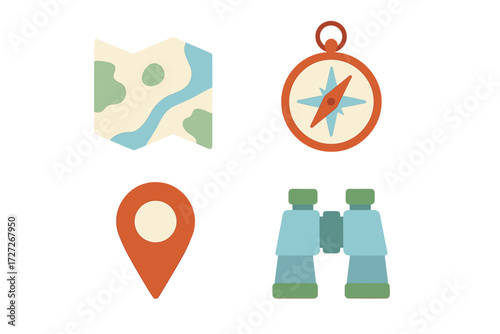 Exploring with a map, compass, binoculars, and location pin for outdoor adventures in nature