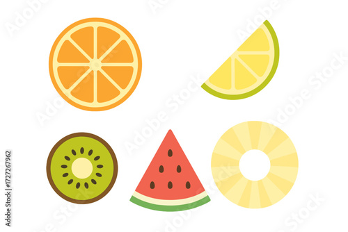 Colorful assortment of sliced fruits including orange, kiwi, lemon, watermelon, and pineapple arranged together