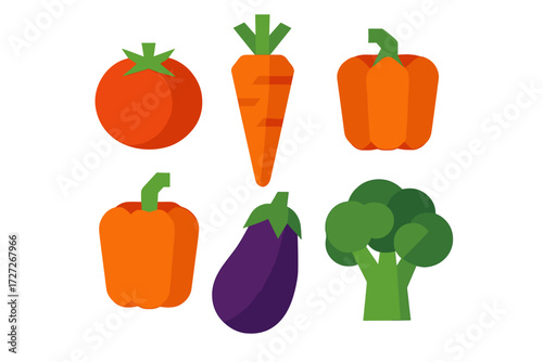 Colorful collection of fresh vegetables including tomato, carrot, bell pepper, broccoli, and eggplant on a white background