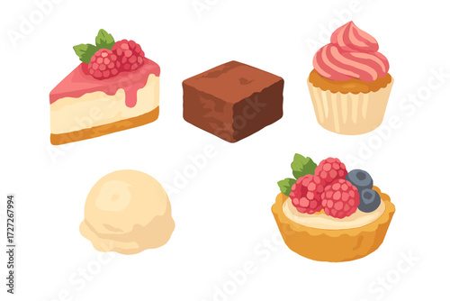 Various colorful desserts displayed on a plain background with vibrant toppings and textures