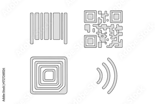 Different types of codes including barcodes, QR codes, and RFID tags displayed on a simple background for illustrative purposes