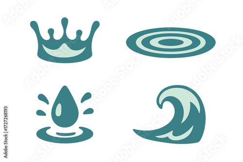 Water-themed symbols with crown, ripple, droplet, and wave designs for nature inspiration