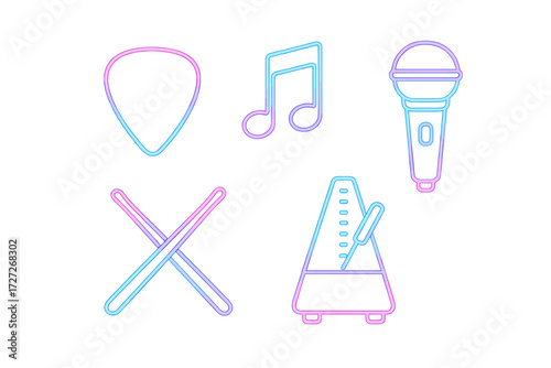Music instruments and symbols in a bright, colorful design created with soft lines and pastel hues