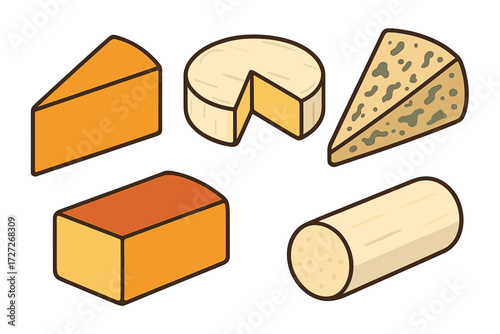 Variety of cheeses displayed in a simple illustration showing different shapes and types of cheese