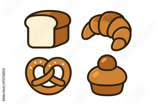 Different types of baked goods including bread, croissant, pretzel, and muffin displayed in a colorful design