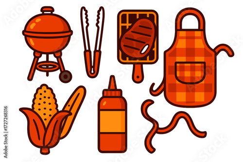 Colorful barbecue tools and food items ready for grilling at a backyard cookout celebration