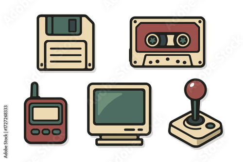 Vintage technology icons including floppy disk, cassette tape, and joystick showcasing retro gaming and media