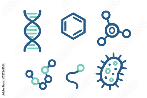 Scientific icons representing DNA, molecules, and bacteria in a modern design for educational materials