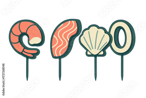 Creative seafood illustration featuring shrimp, salmon, shell, and octopus on sticks for culinary art