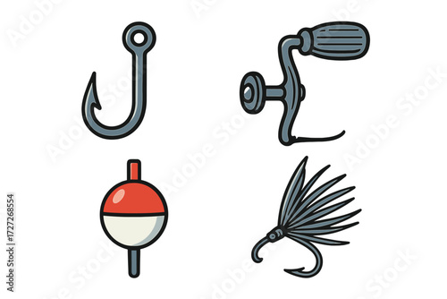 Fishing gear including a hook, bobber, and lure displayed on a white background