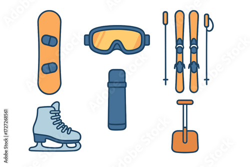 Gear for winter sports including snowboard, goggles, skis, and ice skates laid out on a flat surface